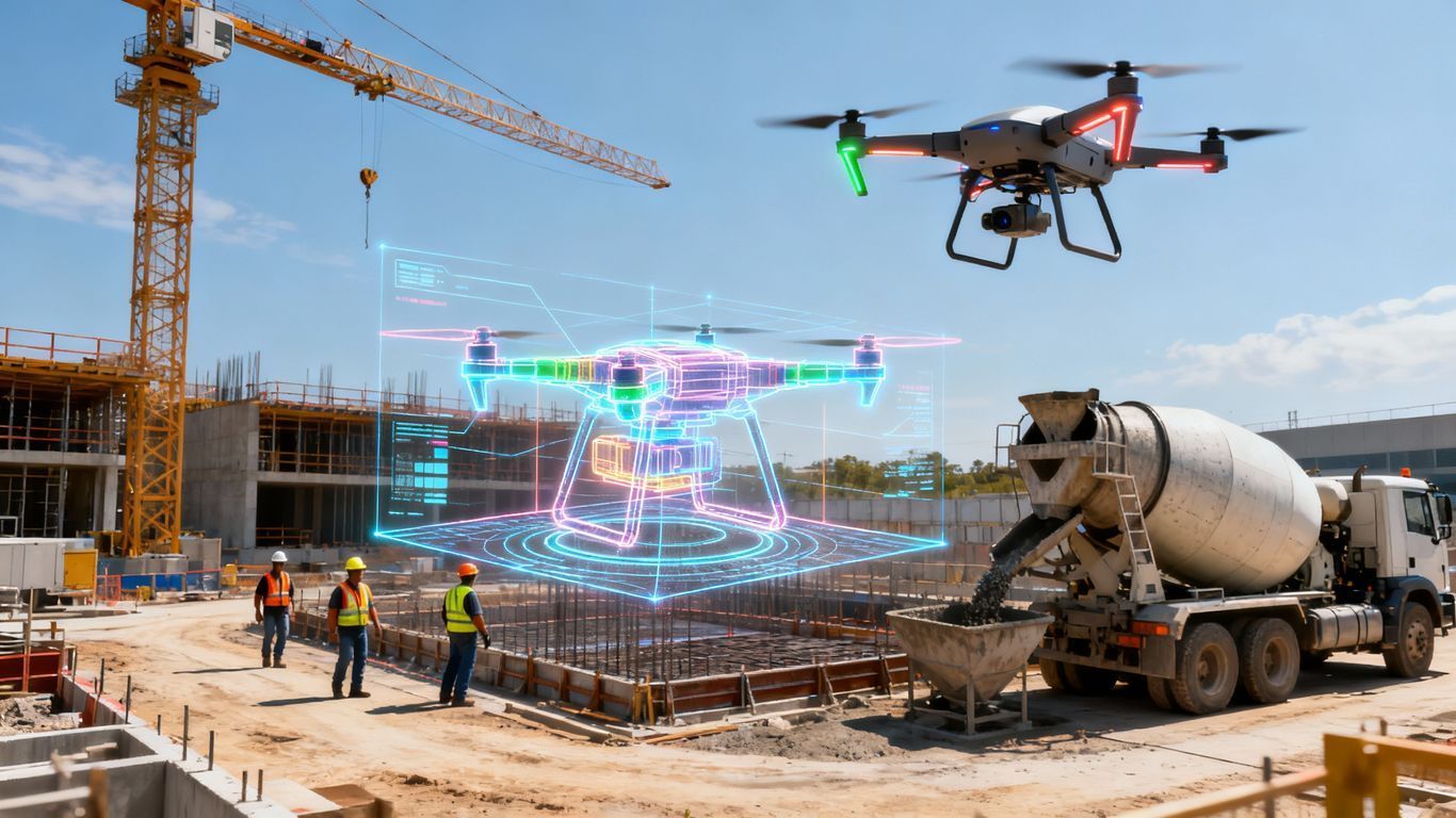 Drone surveying construction site with BIM overlay.
