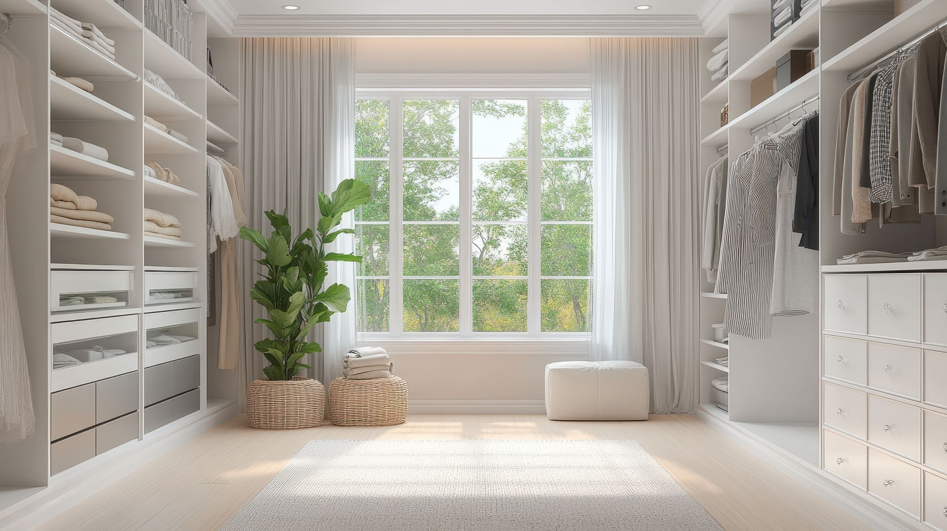 Un dressing avec beaucoup de vêtements et une grande fenêtre.