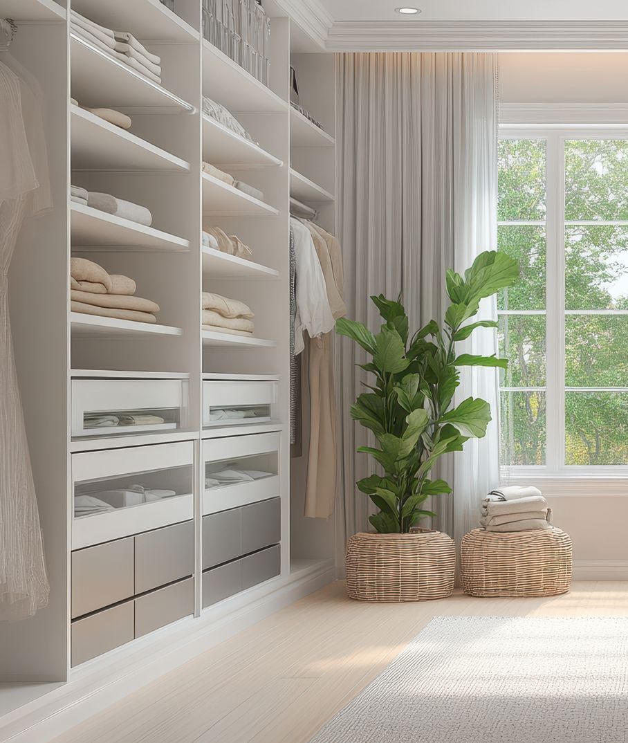 Un dressing avec beaucoup d'étagères et de tiroirs et une fenêtre.