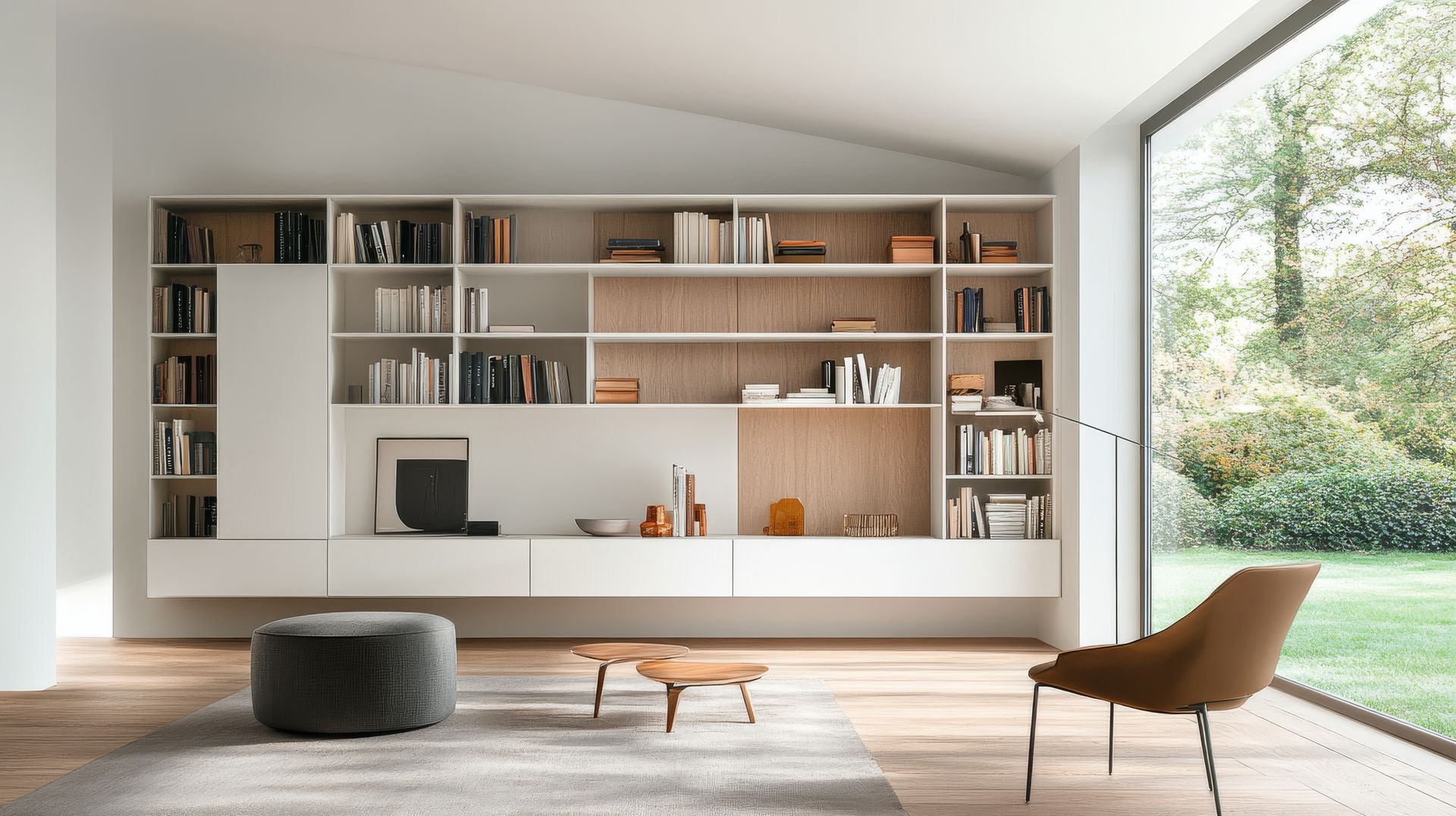 Un salon avec beaucoup d'étagères et une grande fenêtre.