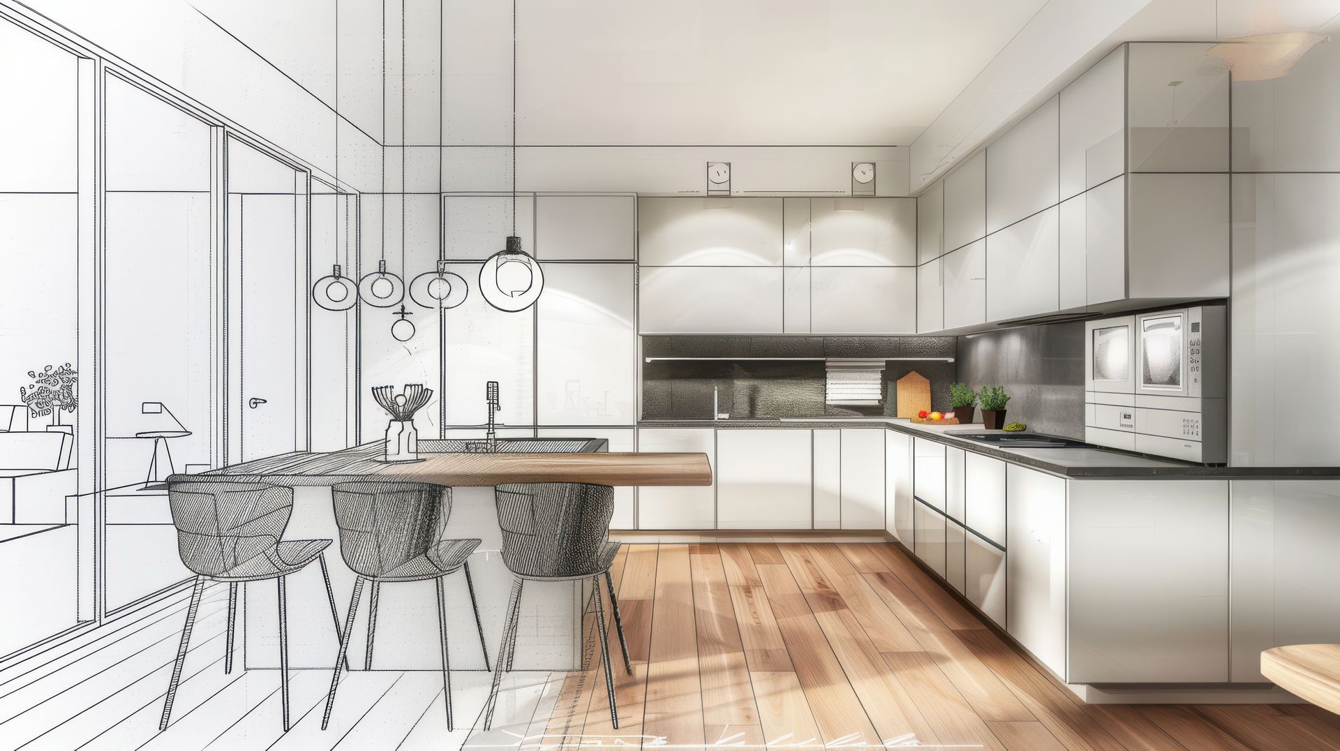 Un dessin en noir et blanc d'une cuisine avec des armoires blanches et du parquet.