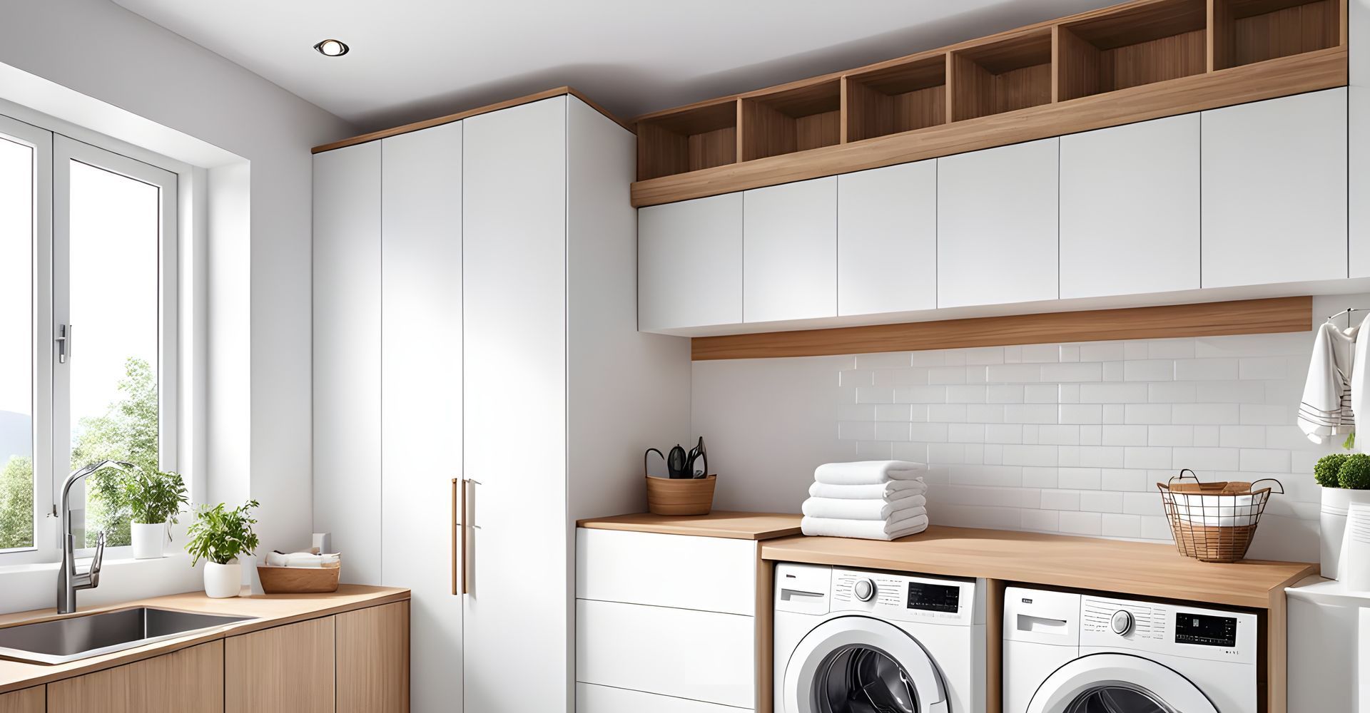 Une buanderie avec laveuse et sécheuse et un évier.