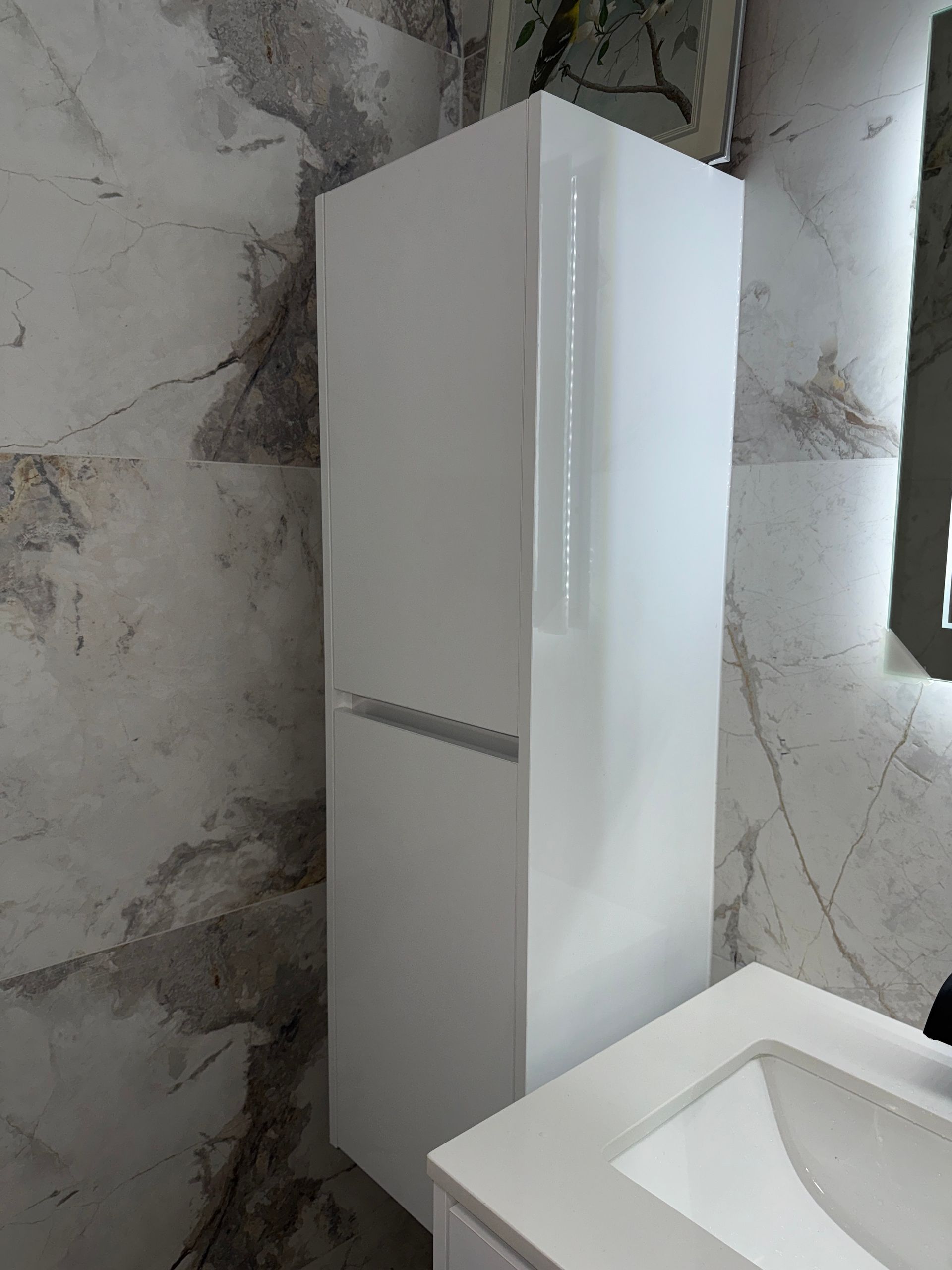 Une salle de bain avec un lavabo et un grand meuble blanc.