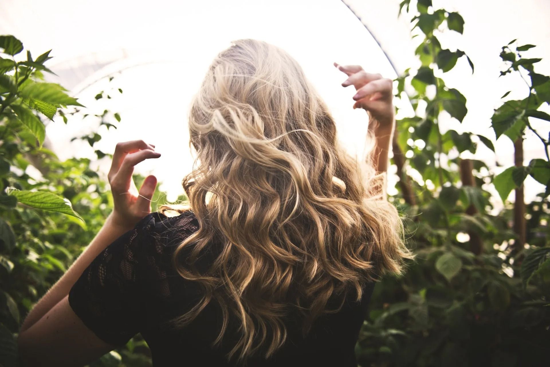 Person with wavy blonde hair standing among green plants, seen from behind, hands raised.