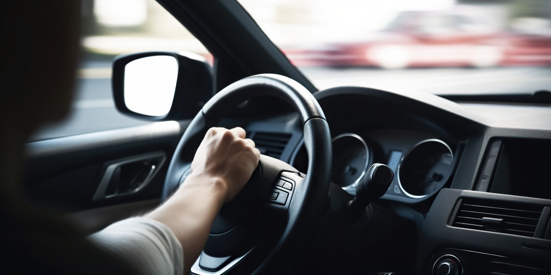 A person is driving a car with their hand on the steering wheel.
