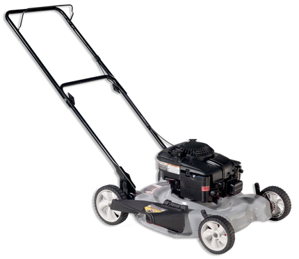 Red push lawn mower with black engine and long handle on a white background