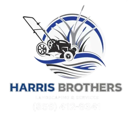 Harris Brothers lawn care logo with a mower, blue and gray accents, and a phone number below