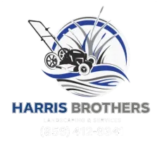 Harris Brothers logo with a lawn mower and blue swoosh design