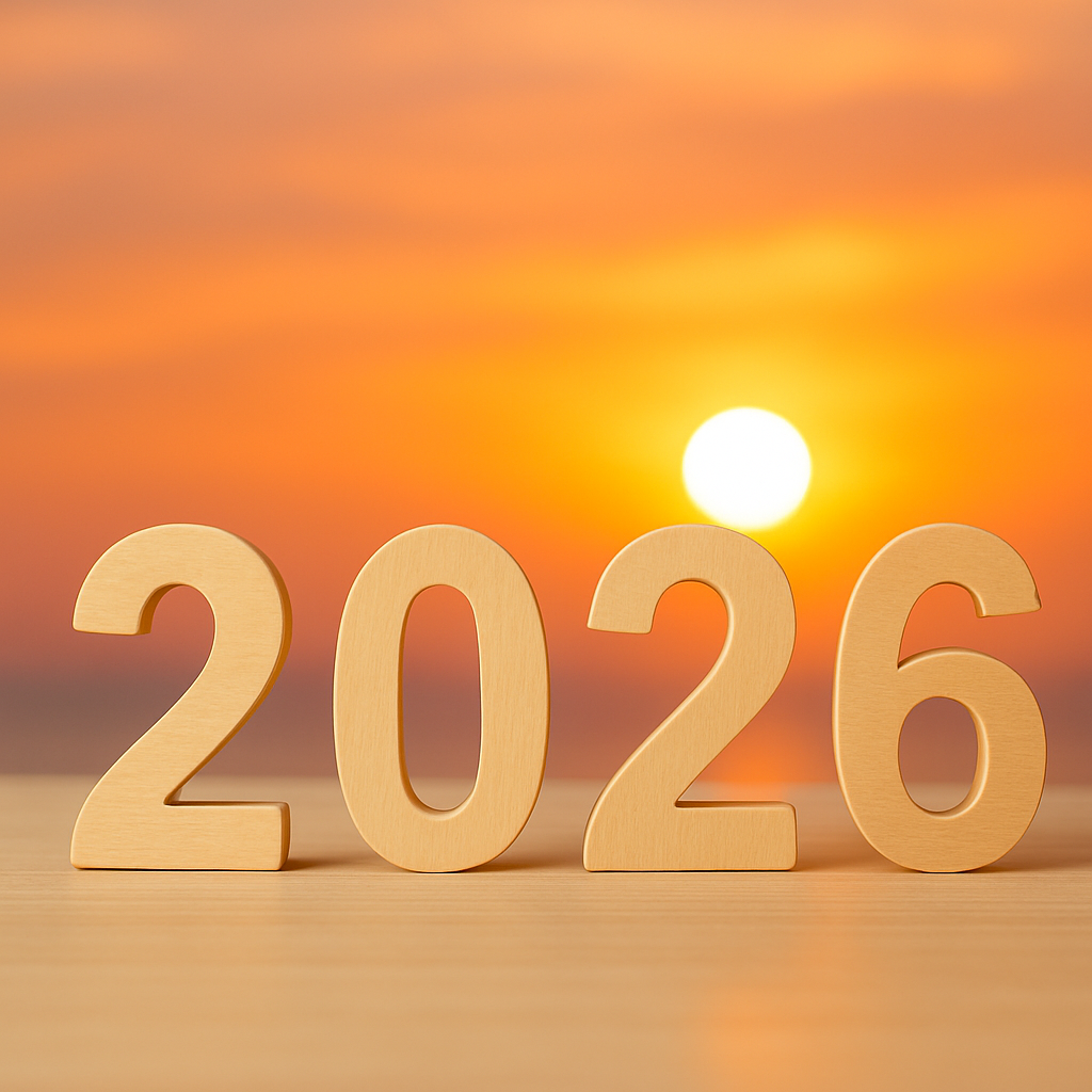 2026 market outlook represented by wooden numbers at sunrise, reflecting optimism for real estate