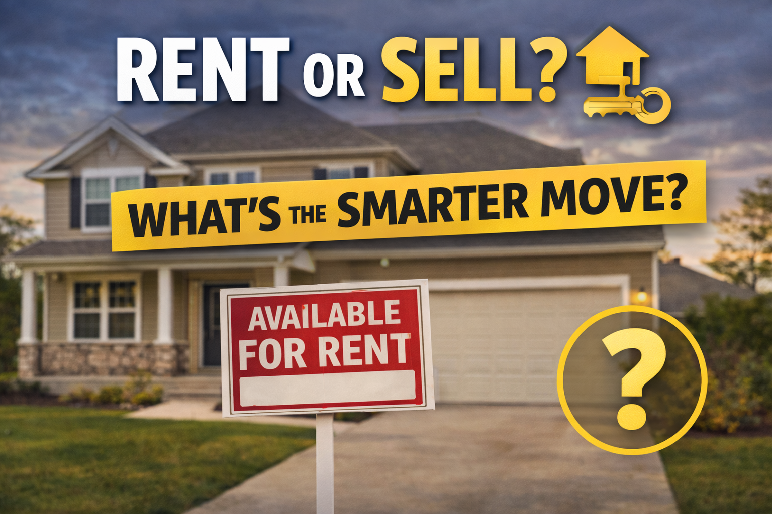 Rent vs sell your home: “Available for Rent” sign in front of a house with text