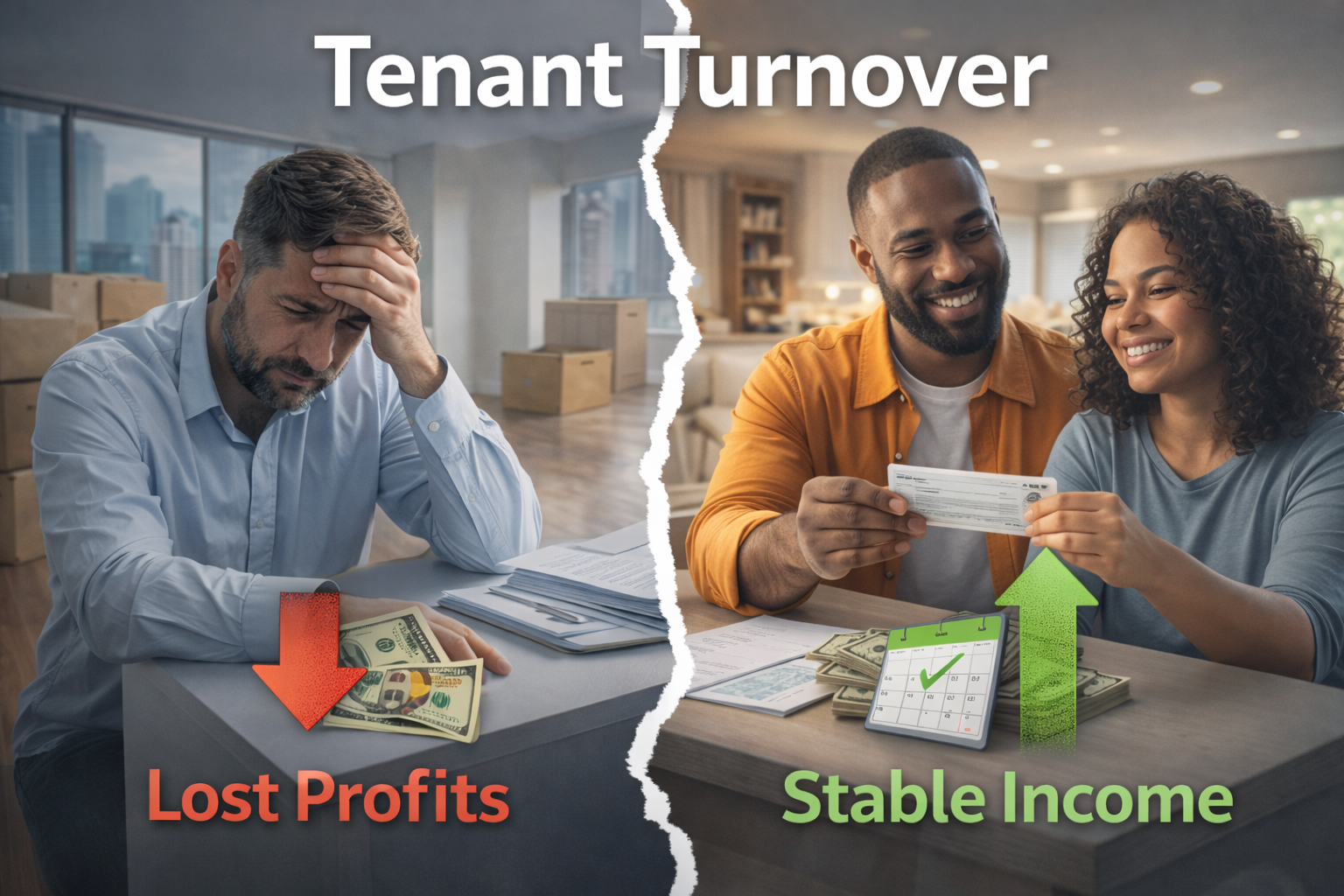 Split image showing tenant turnover impact: a stressed landlord facing lost profits, contrasted with happy tenants paying rent on time and rental income.