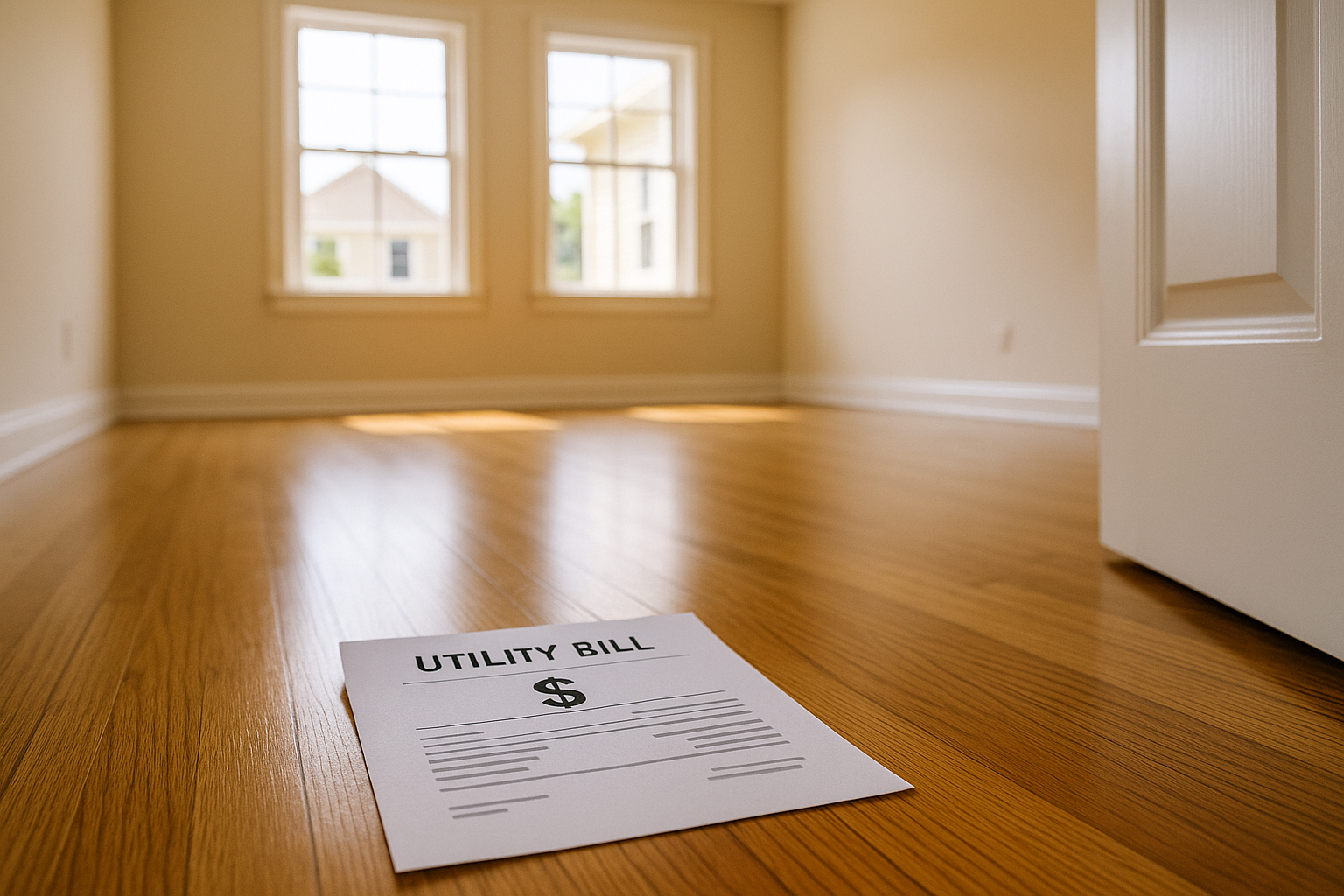 An empty sunlit room with hardwood floors and a utility bill lying on the floor symbolizes the cost of vacancy for rental properties.