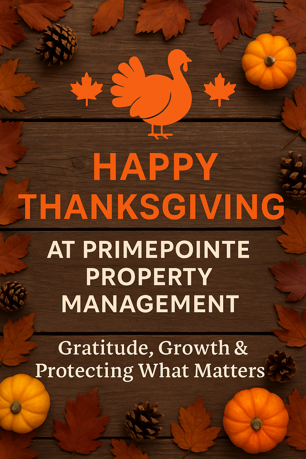 Autumn-themed Thanksgiving message with pumpkins and leaves on wood background for PrimePointe Prope