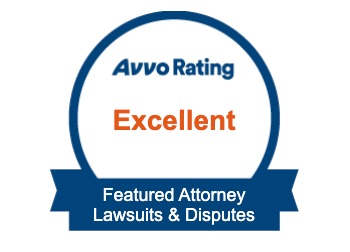 A badge that says avvo rating excellent featured attorney lawsuits & disputes