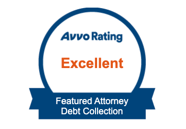 A badge that says avvo rating excellent featured attorney debt collection