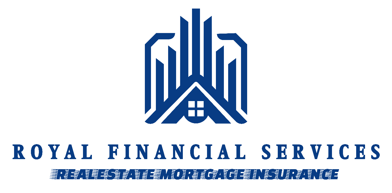 Blue logo for Royal Financial Services featuring a stylized roof and building icon above the company name and services.
