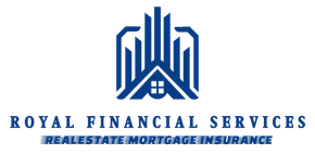 Blue logo for Royal Financial Services featuring a stylized roof and building icon above the company name and services.