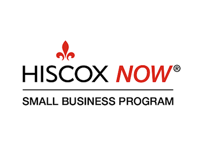 Logo for Hiscox Now, featuring a red fleur-de-lis icon above the black text 