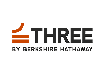 Logo for THREE BY BERKSHIRE HATHAWAY with orange graphic lines on the left and black text on the right.