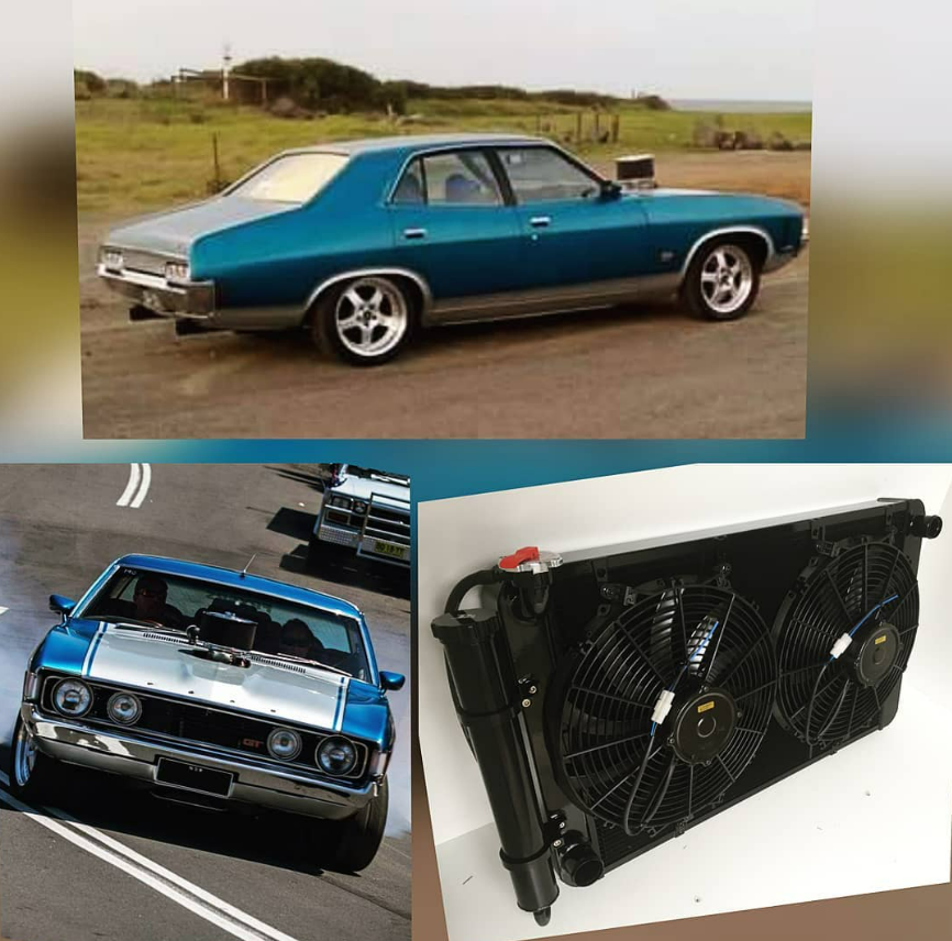 A Blue Car is Driving Down a Road Next to a Radiator Fan — South Coast Radiators In Newcastle, NSW