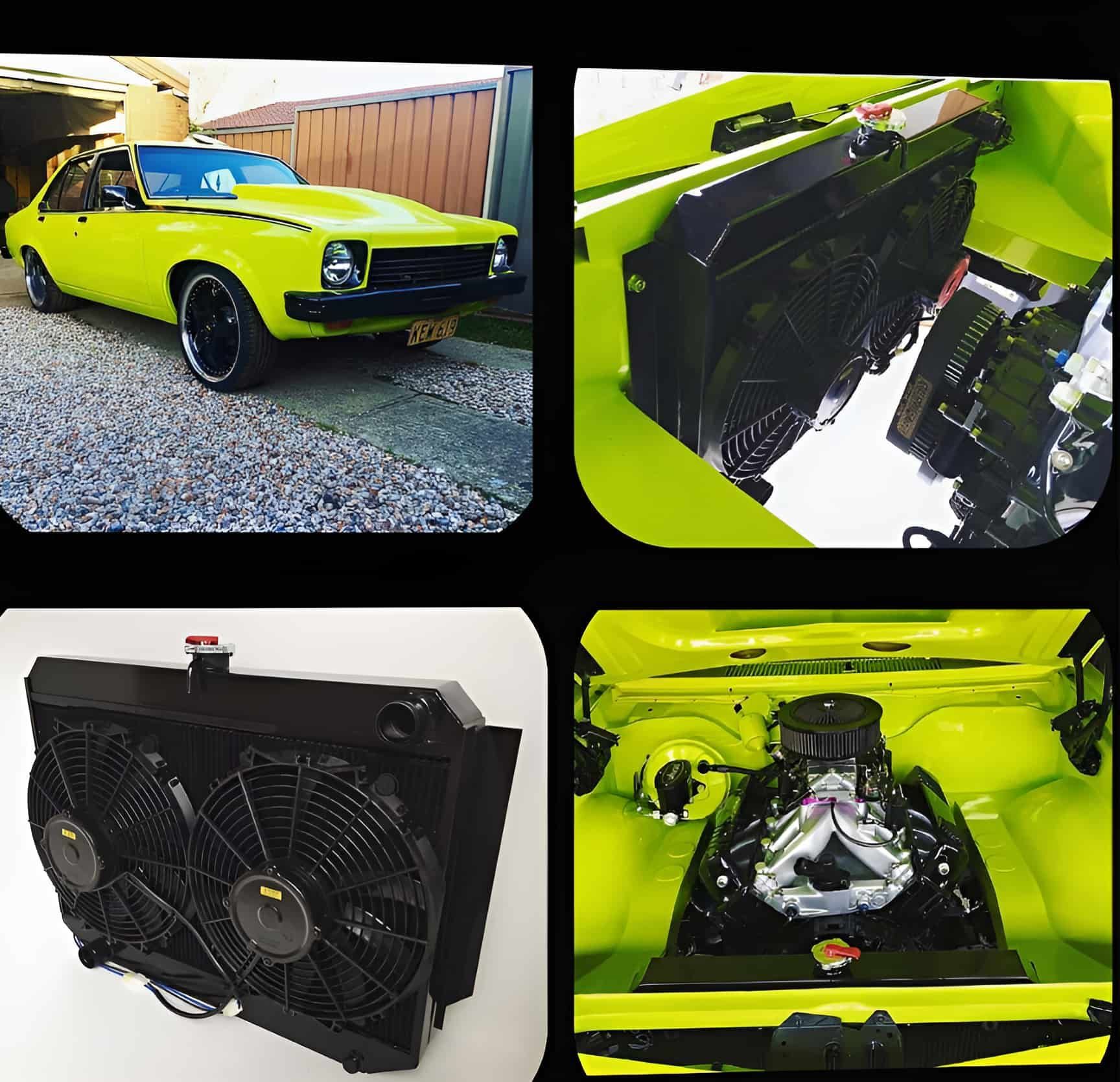 A Collage of Four Pictures of a Yellow Car — South Coast Radiators In Woonona, NSW