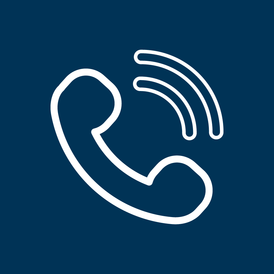 A white phone icon on a blue background.