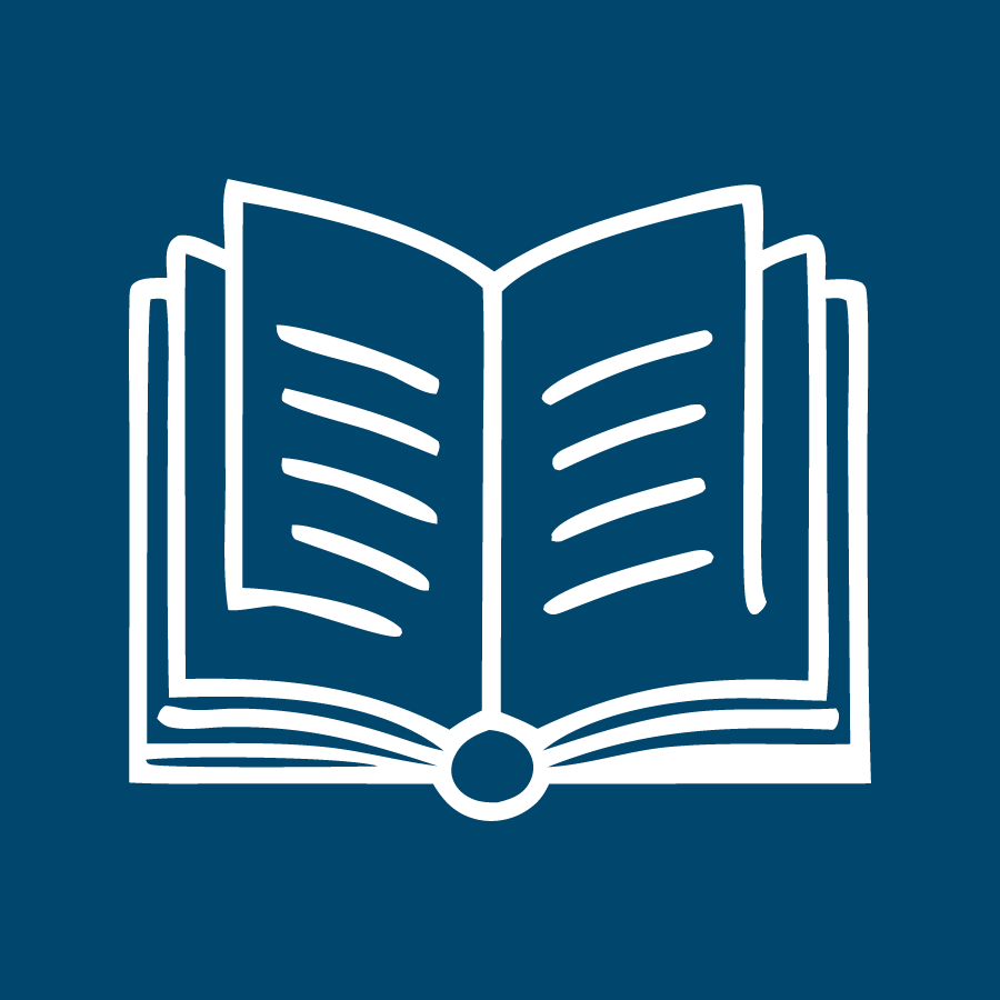 A white icon of an open book on a blue background.