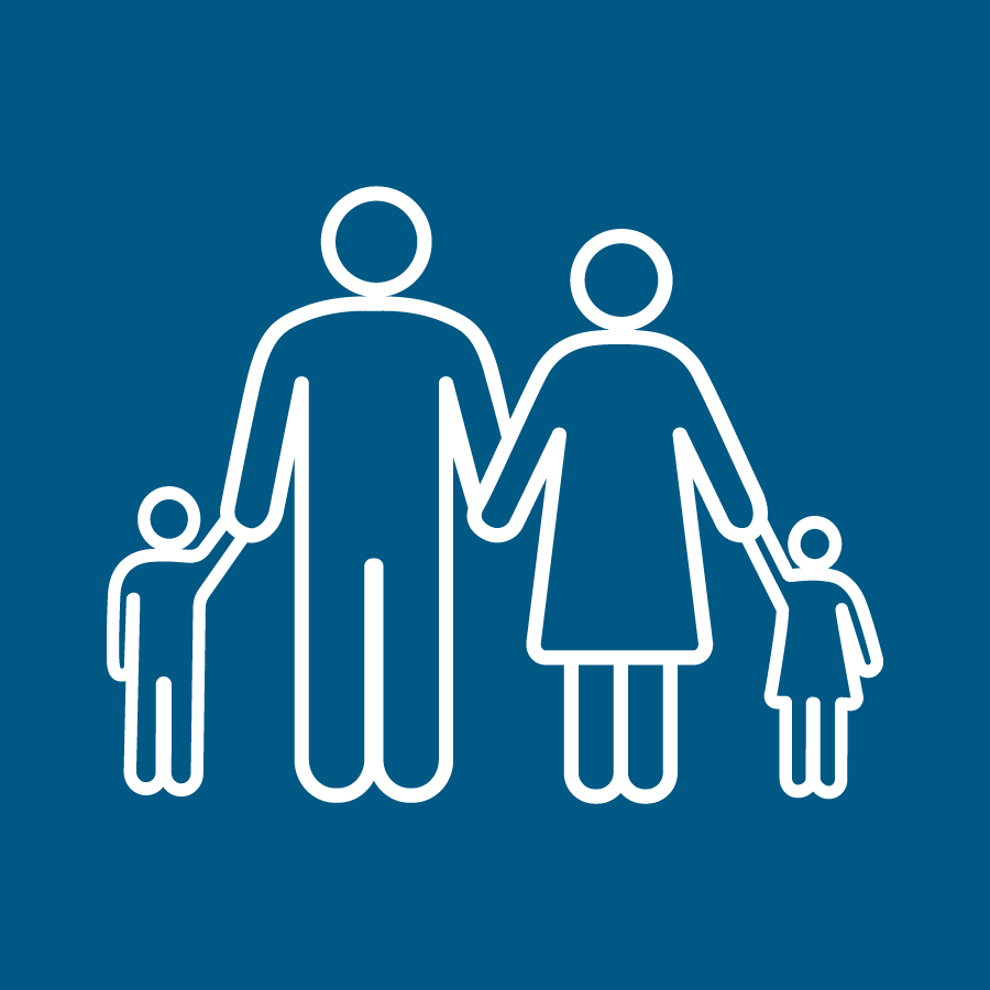 A line drawing of a family holding hands on a blue background.