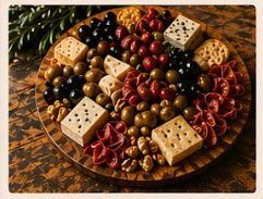 A round platter of assorted cheeses, grapes, olives, and crackers arranged on a wooden table.