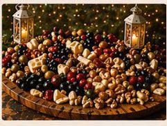 Holiday snack platter with assorted nuts, chocolates, and dried fruit, lit by two lanterns on a wooden tray