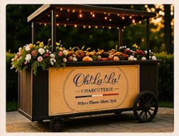 Flower-filled charcuterie cart with “Oh Là Là!” sign under string lights at dusk