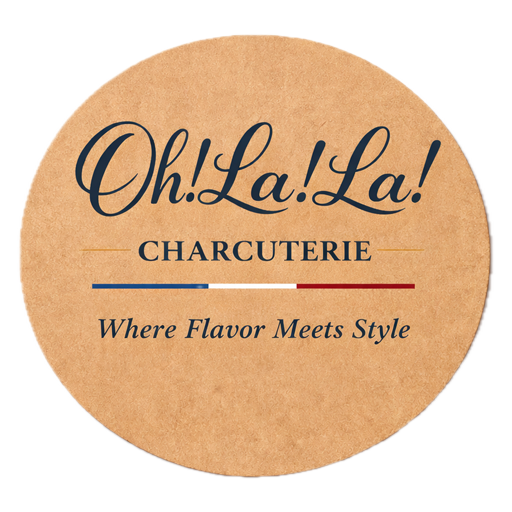 Oh!La!La! Charcuterie logo on a tan round background with navy and red accents, tagline &ldquo;Where Flavor Meets Style&rdquo;
