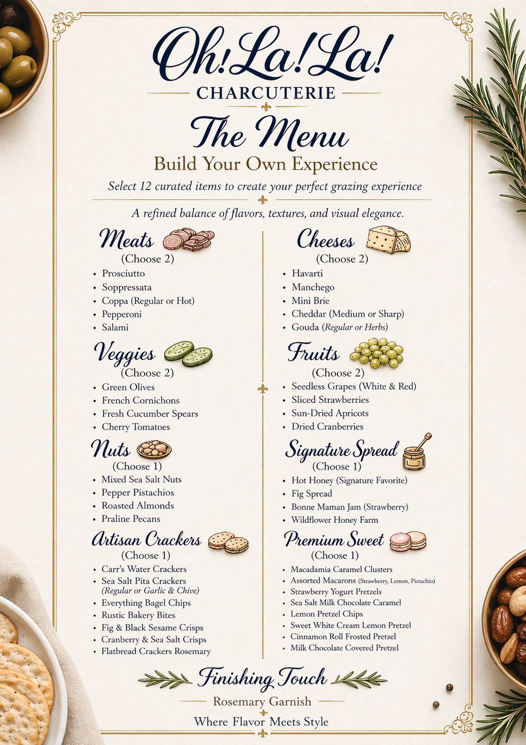 Elegant French-style restaurant menu with floral border and multiple course sections on a cream background
