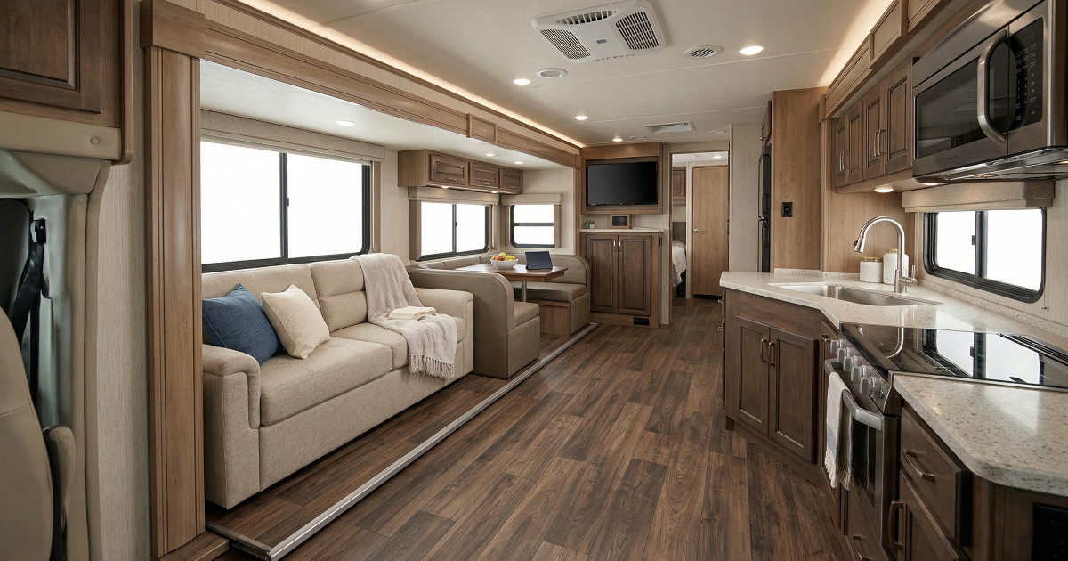 RV interior with kitchen, living area, and bedroom visible; brown cabinets, tan sofa, wood flooring.