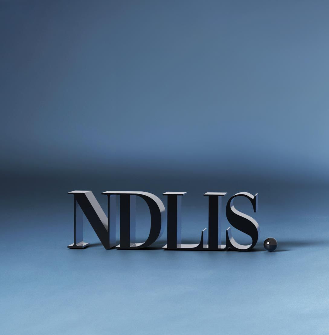 NDLIS. metallic letters cast shadows on a blue surface; a small sphere is present.
