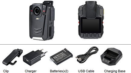 image displays the lone worker device with clip, charger, battery, USB cable and charging base
