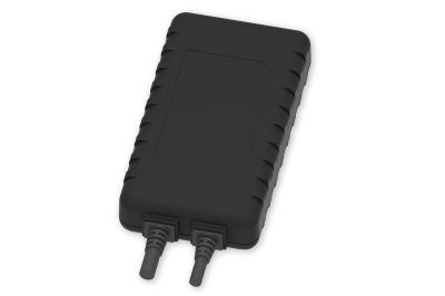 black GPS vehicle tracker with two black wires coming out of the rear of the unit