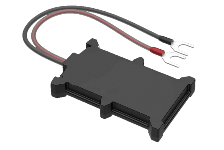 black nano tracking unit with two wires one red and one black 