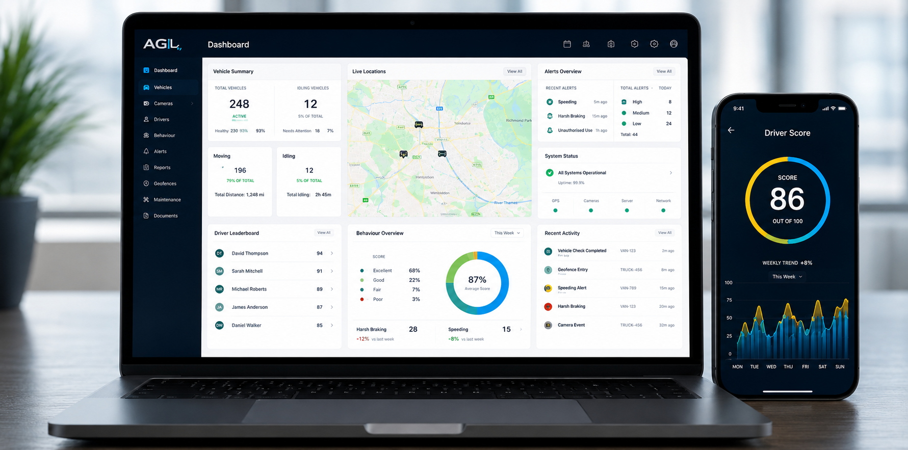 AGL fleet safety platform on laptop and mobile device