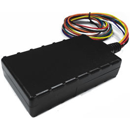 Black telematics unit with multiple colour's of  wires coming out of the bottom