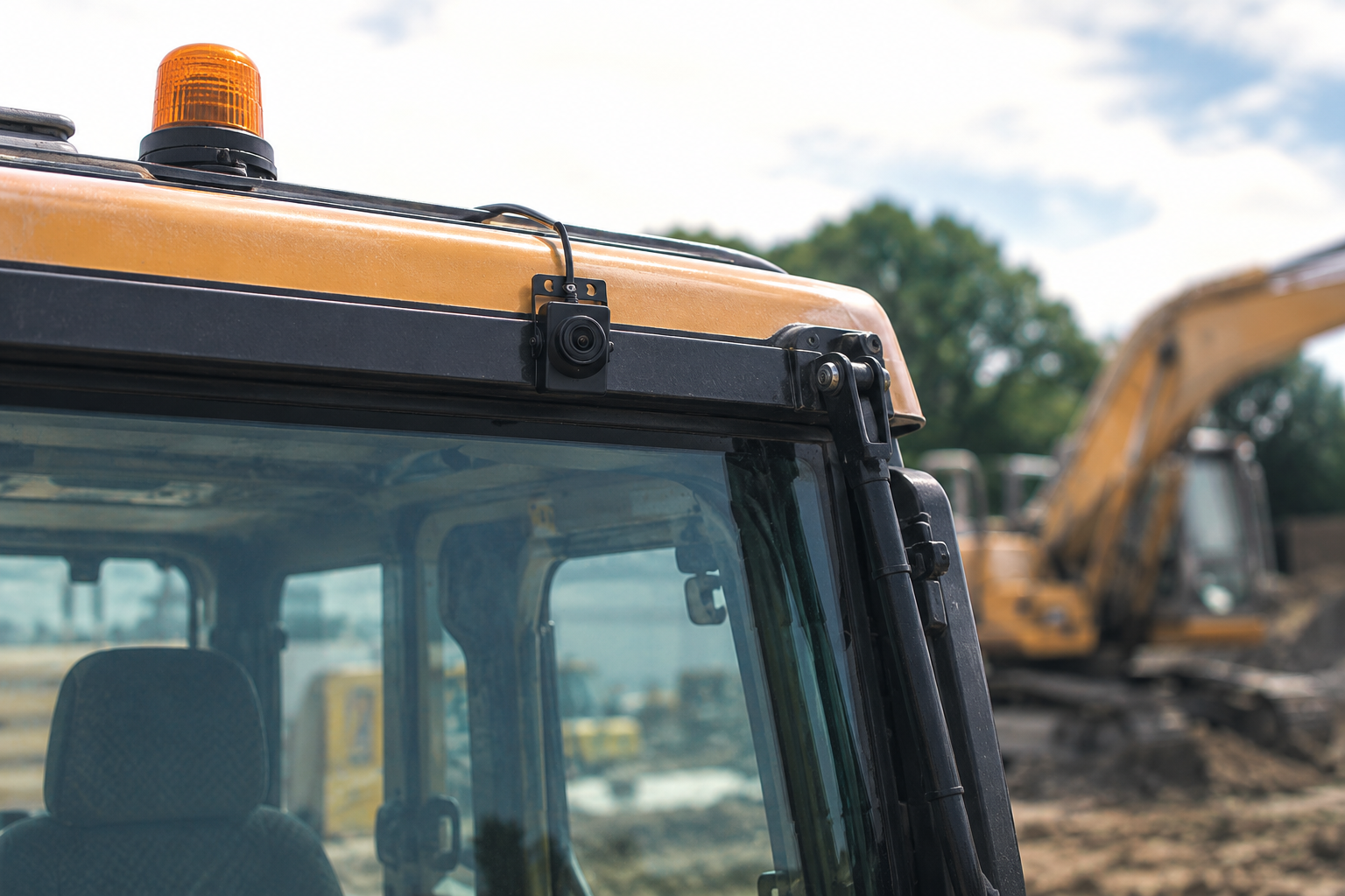 Construction excavator equipped with HFR thumbs up fleet safety camera system