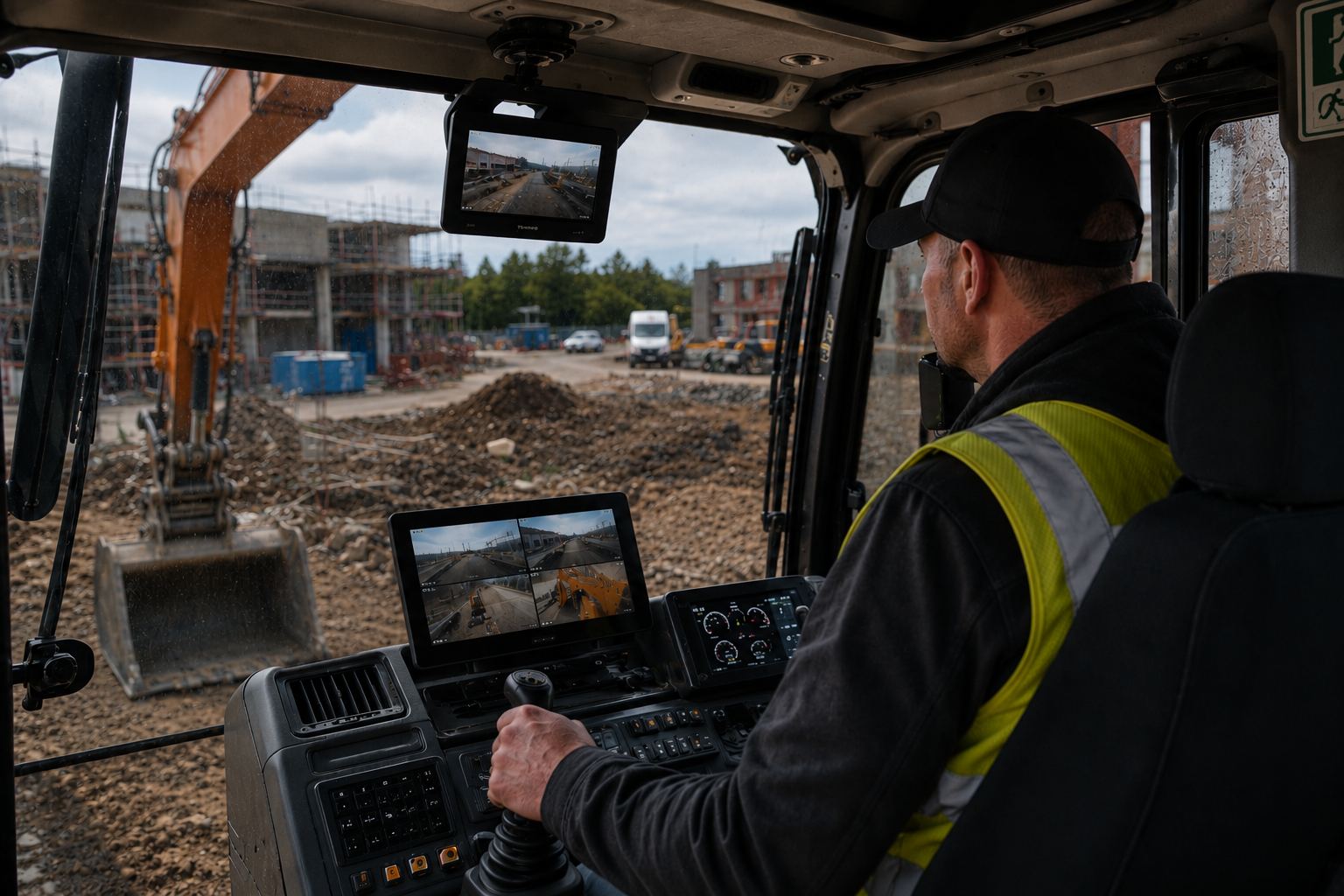 Construction vehicle operator using live camera monitoring and HFR safety technology