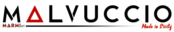 Logo per l'azienda di marmo Malvuccio; testo nero su bianco, con triangolo rosso.