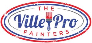 A red , white and blue logo for the ville pro painters.