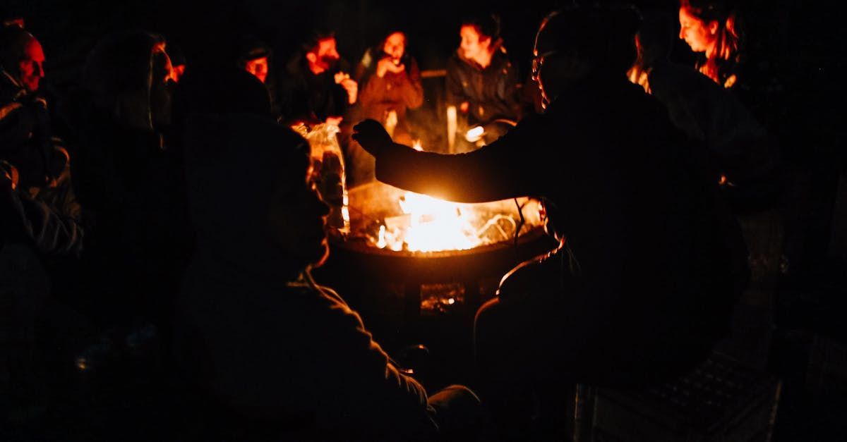 A group of people are sitting around a campfire at night.