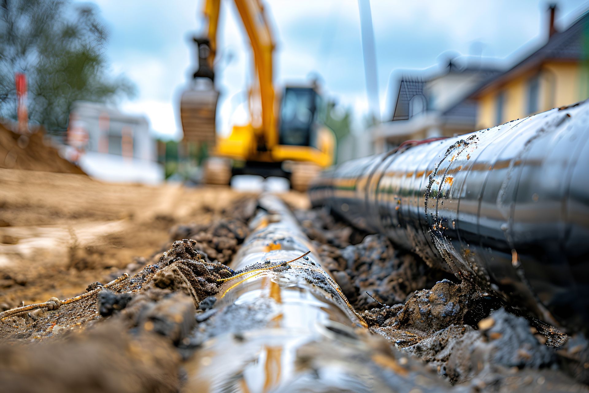 Close-up of pipes in a trench with a yellow excavator in the background, construction site.