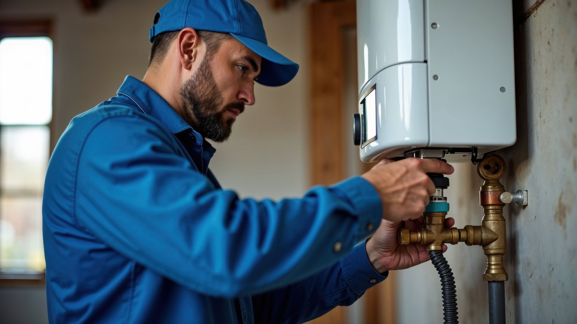 A man is fixing a water heater in a house.