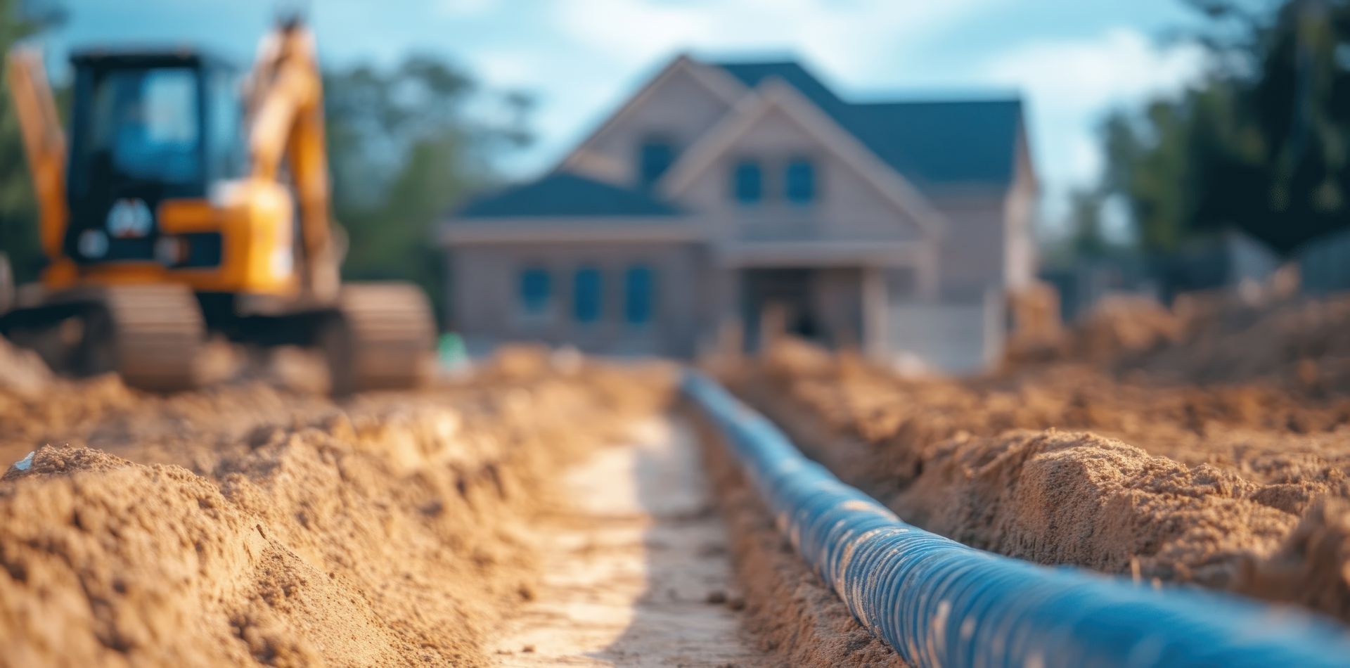 A pipe is being installed in the dirt in front of a house under construction.