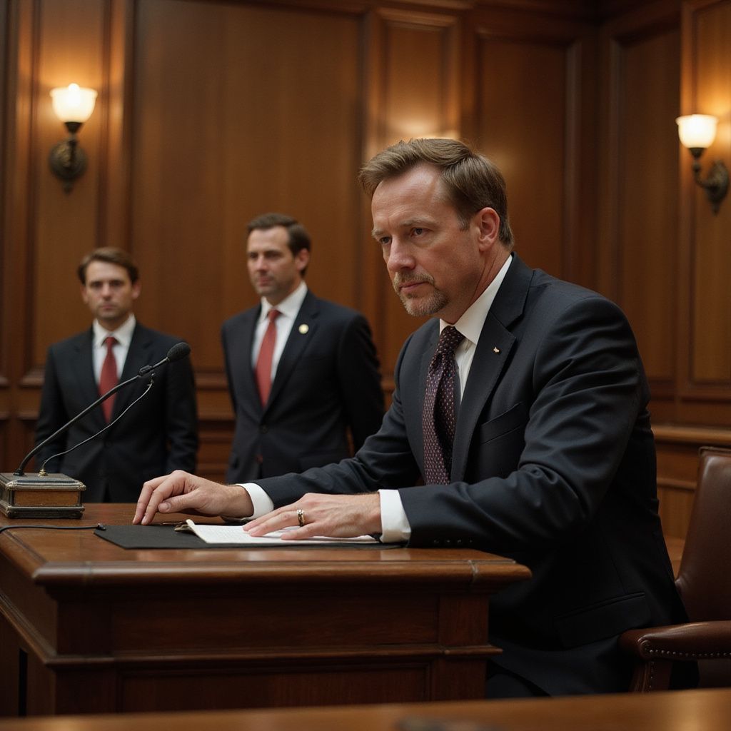 Man in suit at a podium, two men behind him. They are in a wood-paneled courtroom, lit by sconces.