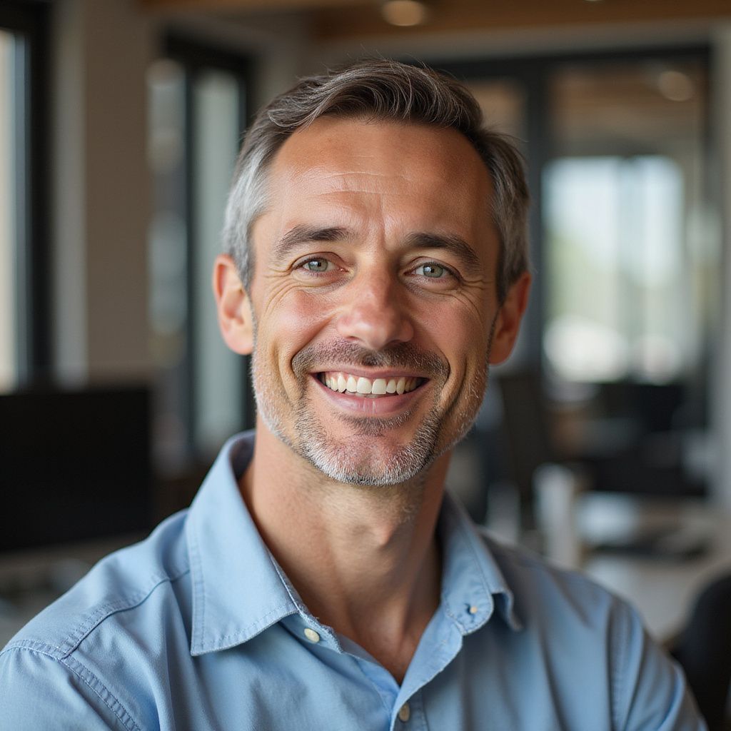 Man with salt-and-pepper hair smiles in a blue collared shirt; office background is blurred.